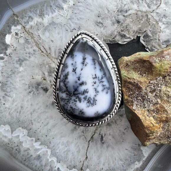 Sterling Southwestern Style Large Teardrop Dendrite Agate Ring Size 10 For Women - Picture 6 of 10